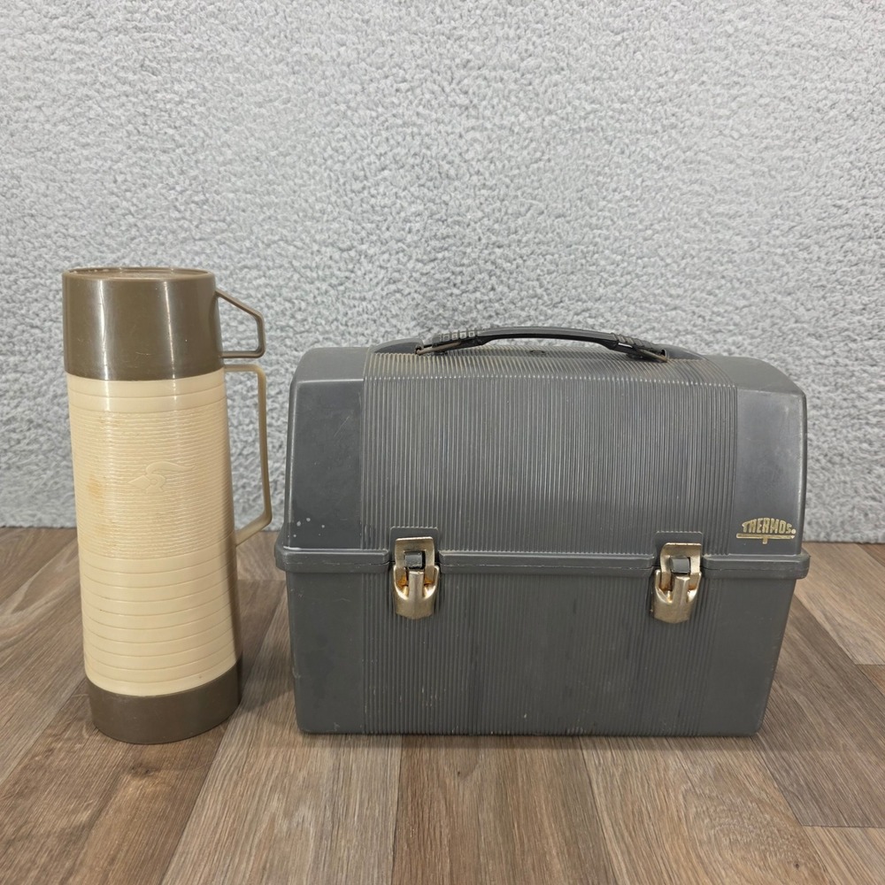 Vintage Thermos Gray Plastic Lunch Box with Aladdin Dura-Clad Vacuum Bottle 16oz